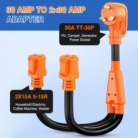 Nilight 30 Amp to 15 Amp RV Y Splitter Adapter Cord 30A Male Plug to Two 15A Female 110V Household Outlet NEMA TT-30P 5-15R Pure Copper STW 10 AWG Cable for RV Camper Generator