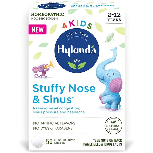 Hyland's 4 Kids Stuffy Nose & Sinus Cold and Allergy Medicine for Children Ages 2+ Headache Relief and Nasal Decongestant, 50 Tablets