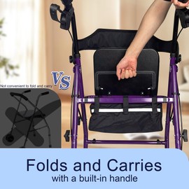Foldable Rollator Walker with Seat for Seniors, All-Terrain Wheels, 350lb Capacity, Reinforced Inner Metal Rod for Easy Folding & One-Hand Carry, Lightweight Rolling Walker - Purple