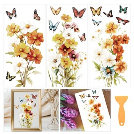 WEBEEDY 3 Pcs Flower Rub on Transfer Decals for Furniture,Wildflower Butterflies Wall Decals Peel and Stick Wallpaper,Wall Murals Window Wall Art for Bedroom Birthday Party Home Decor Gift,5.9x11.8''