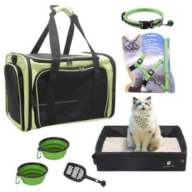 Cat Carrier Soft-Sided & Folding Cat Travel Litter Box, Fit for Pet Up to 20Lbs, 17.7' * 11.8 * 11.8 inches Cat Bag for Traveling & Camping， Green Cat Travel Carrier Kit