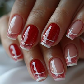 24Pcs Red Press on Nails Short Square Fake Nails Acrylic French Tip Glue on Nail with Glitter Designs Cute Glossy Acrylic Nails Natural Reusable False Artificial Nail for Women Girls