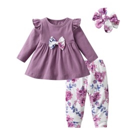 Toddler Baby Girl Clothes Infant Ruffle Long Sleeve Top Floral Pants Headband 3pcs Outfits Set Purple 2-3T