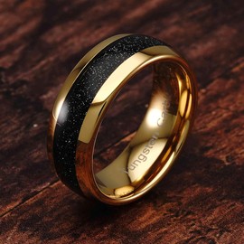 Tungsten Ring for Men Wedding Band Black Sandstone Inlaid Gold Dome Size 6-16 (Tungsten, 12)