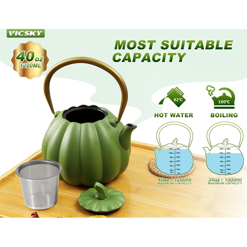 VICSKY Pumpkin Cast Iron Teapot (40 oz/1200 ml), Natural Pumpkin