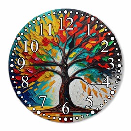 KEEPSUPER Clock Oil Painting Tree Wall Clock 10 Inch Battery Operated Clock Silent Non-Ticking Modern Clocks Decorative for Home Kitchen Living Room Bathroom Office