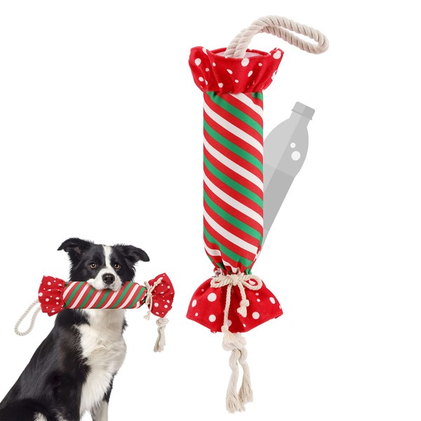 Pawaboo Christmas Dog Toy, Dog Plush Squeaky Toy with Rope, Interactive Puppy Toy with Water Bottle, Candy Mould without Stuffing, Crunch for Dog, Chew Toy for Teething