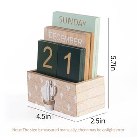 Desk Perpetual Block Calendar, Wooden Daily Desktop Wood Blocks for Home Farmhouse Office Aesthetic Decor Rustic Decoration Accessories Cute Green Cactus