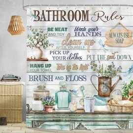 Omifly Kids Bathroom Rules Shower Curtain 72Wx72L Inch Motivational Inspirational Quotes Teal Wooden Board Plant with 12 Plastic Hooks Fabric Waterproof Toilet Accessories Decor