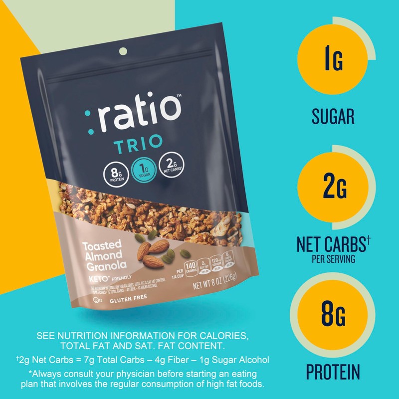 Ratio Trio Toasted Almond Granola Cereal, 1g Sugar, Keto Friendly,