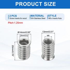 MECCANIXITY 2Pcs Threaded Inserts Nuts, M8x20mm Hex Socket Drive Nut Inserts for Wood - 304 Stainless Steel Screws Furniture Screw in Nuts Bolt Fastener Connector Wood