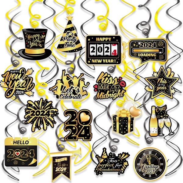 Howaf New Year 2021 Decoration, New Year's Eve Hanging Swirl Garlands, Black & Gold (30 Pieces), Happy New Year Party Decorations, New Year’s Decoration, New Year's Eve Decoration 2021