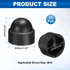 sourcing map 15Pcs Hex Nut Cover, M14x21x24mm Plastic Dome Nut Protection Cap Hex Screws Bolt Covers for Indoor Outdoor Furniture Automotive Bolts Decoration, Black