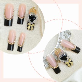 BABALAL Press on Nails Long Square Fake Nails Black French Tip Glue on Nails Gold Crown Charm Luxury Acrylic Nails Heart Bow Goth False Nails 24Pcs Squoval Stick on Nails Valentine Artificial Nails