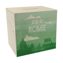 Wooden Money Box with Beautiful Motif and Text - Trip to Rome in Green Wooden Money Box for the Next City Trip to Rome as a Gift for People Who Like and Much Around the World