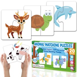 Lonfliness 20Pcs Magnetic Animal Matching Puzzles for Kids Self-Correcting Puzzles Sets Head and Tails Correction Montessori Toy Birthday Gifts for Toddlers Preschool Learning Educational Activity