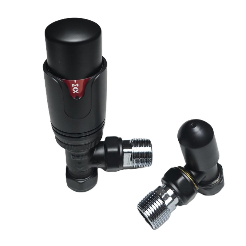 Matt Black Thermostatic Radiator Valves & Lockshield Angled 15mm x