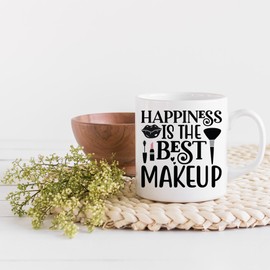 Happiness Is the Best Makeup Quote w/Pink Lipstick, Mascara & Brush Design - Beauty Themed Merch for Makeup Artist or Cosmetologist, Gift for Makeup Lovers & Beauticians, White Mug 11oz