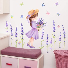 WOHAHA Wall Sticker, Stylish, Purple Lavender, Plants, Fluttering Butterflies, Girl Picking Flowers, Wallpaper Sticker, Removable, Stylish, Living Room, Rental, Bedroom, Wall Flowers, Wall Decoration,