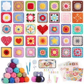 Katech Crochet Kit for Beginners, 50 Pattern Granny Square Crochet Kit for Adults Kids Beginner Learn to Crochets w/Step-by-Step Video Tuturials, Knitting Kit w/1378yds Yarn Granny Square Card Deck