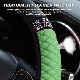 AUKEPO Bling Leather Steering Wheel Cover Protector, Elastic PU Leather with Colorful Rhinestones Crystal Diamond, Sparkling Accessories for Women Girls, Universal 15 Inch for Most Cars (Green)