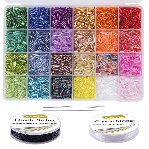 EuTengHao 9600pcs Tube Beads Kit Glass Bugle Seed Beads Small Craft Beads for DIY Bracelet Chains Crafts Jewellery Making Accessories with Two Crystal Cords (7 mm, 400 per Colour, 24 Colours)