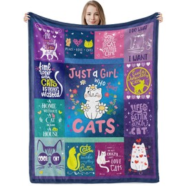 Just A Girl Who Loves Cats Throw Blankets, Cute Cat Gift Plush Flannel Blankets for Girls, Cozy Kawaii Cat Lover Kitten Fluffy Fleece Blanket for Teen Girls Women Birthday Gift Couch Decor, 50x60 inch