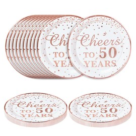 SietDESEO 50 PCS Cheers to 50 Years Paper Plates with Rose Gold Foil 7 Inch Disposable Plates 50th Birthday Dessert Plate for Birthday Party Supplies