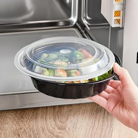 OCS Parts 10-Pack Round Microwavable Food Prep Containers | 24-Ounce | 7.25" x 2" Disposable Reusable Black Plastic Food Storage Containers with Lids for Leftovers, Lunch, and Takeout