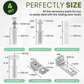 4Set Bifold Door Hardware Repair Kit, Bi-Fold Sliding Closet Doors Hardware Replacement, Include Top and Bottom Bracket, 7/8" Guides Wheel, 3/8" Pivot for Barn Door Folding Pocket Door Accordion Door