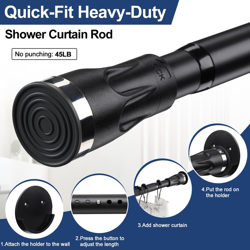Shower Curtain Rod With Holders, 42 to 115 inch Tension
