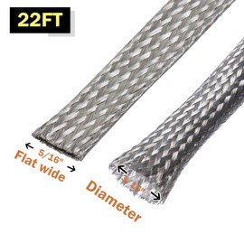 FOURUB Flat Tinned Copper Wires Shielding Sleeving,Wire Cable Braided Sleeve Shield Metal Ground Straps EMI/RFI Mesh Protect (Silver, 5/16"-22ft)