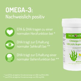 NORSAN Premium Omega 3 Vegan Capsules Pack of 3 (3 x 80 Pieces) - 1,700 mg Omega 3 per Daily Dose - Vegan Algae Oil Capsules with High EPA & DHA Content - Algae Oil from Sustainable Cultivation
