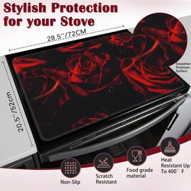 Rose Stove Top Cover for Electric, Abstract Red Rose and Black Leaves Glass Ceramic Stove Cover, Heat Resistant Flat Stovetop Protector, Dish Drying Mats for Kitchen