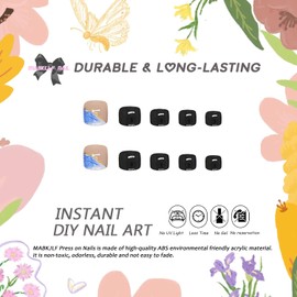 Square Fake Toenails Summer Glossy Glitter Blue French Tip Press on Toenails Foil Short Acrylic False Toes Nails with Sea Wave Designs Black Artificial Beach Full Cover Toenail for Women Girls 24 Pcs