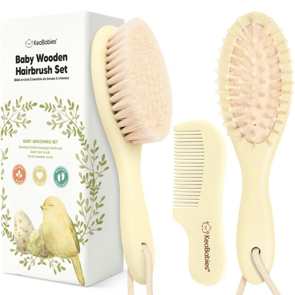 Baby Hair Brush and Comb Set for Newborn - Wooden Baby Hair Brush Set with Soft Goat Bristle, Baby Brush Set for Newborns, Baby Brush and Comb Set Girl, Boy, Toddler Cradle Cap Brush (Oval, Lemon)