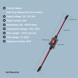 DC 12V Inline Toggle Switch, 12AWG ON/Off Switch SAE Cable with Quick Connect/Disconnect Red Light Button, IP67 Waterproof Suit for Camp Trailer,Motorcycle,Solar Panel,RV, or Others Devices(Red light)