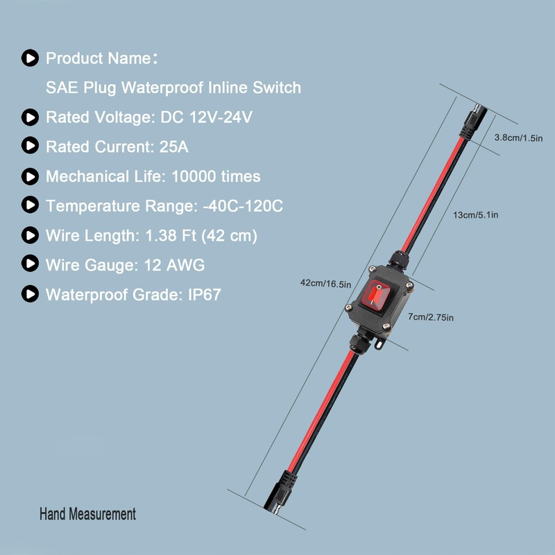 DC 12V Inline Toggle Switch, 12AWG ON/Off Switch SAE Cable
