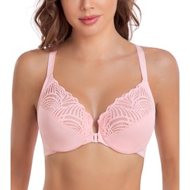 DotVol Women's Front Closure Underwire T-Back Full Figure Plus Size Unlined Seamless Bra(Pink,36DD)