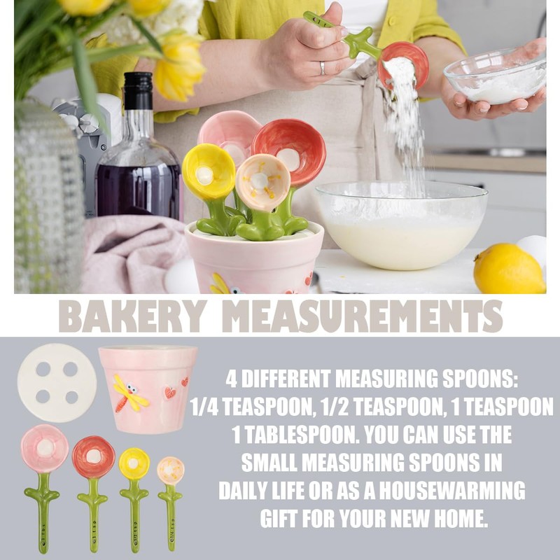 DOERDO Ceramic Measuring Spoons with Holder, Flower Measure Scoops for