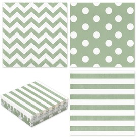 Whaline 75Pcs Sage Green Paper Napkin Stripe Wave Polka Dot Luncheon Napkin Geometric Disposable Dinner Napkin for Party Supplies Tabletop Kitchen Decor