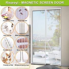 Risareyi Magnetic Screen Door Heavy Duty, Front Door Screen Magnetic Closure Thicken Tear-Resistant Mesh Keep Bugs Out, White - Net Curtain Itself Size 40" x 98"