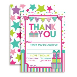 Birthday Thank You Notes for Kids, Stars and Presents in Pink, Purple and Aqua. Ten 4" x 5.5" Fill In The Blank Cards with 10 White Envelopes by AmandaCreation