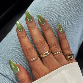 Chrome Green Press on Nails Almond Medium, KQueenest Glazed Stiletto Fake Nails Press ons With Mirror Effect, Glitter Glue on Nails Medium Bling Acrylic Nails Spring False Nails for Women Decoration