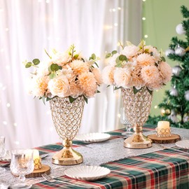 Gold Crystal Trumpet Floral Vase -2 Pcs Centerpieces for Wedding Table, 10.6" Wrought Iron Crystal Vase, Flower Vases for Party Dinner Centerpiece Event, Anniversary Ceremony Birthday Home Decoration