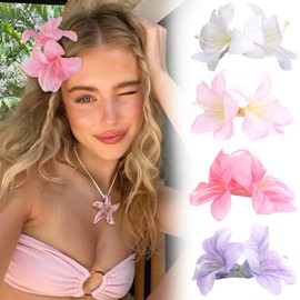 4PCS Hawaiian Flower Hair Clips for Women, Double Plumeria Flower Clips, 3.9 Inch Hibiscus Floral Clips for Girls Beach Accessories, Rose Orchid Floral Hair Clips for Summer Vacation Party Wedding