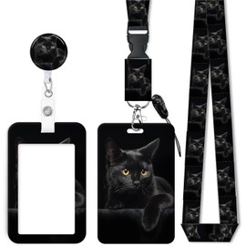 ID Badge Holder with Retractable Lanyard, Badge Holders Reel with 360 Degrees Rotate Carabiner Clip for Women, Teachers, Nurses, Doctor,Students, Office(Cute Black Cat)