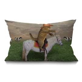 Smooffly Funny Cat Words Waist Lumbar Cotton Linen Throw Pillow case, The Cat Cowboy on a Horse Pillow Cover Farmhouse Decorations Cushion Case for Sofa Couch 12x20 Inches
