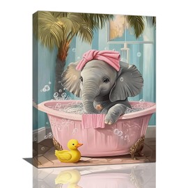 Elephant Bathroom Wall Art Cute Baby Elephant Pictures Wall Decor Vintage Animal Canvas Print Home Decoration for Bathroom Bedroom Living Room Framed 12"x16"
