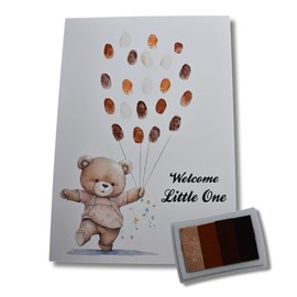 Baby Shower Fingerprint Guestbook Print - Teddy Bear - Balloons - A4 - Pink Blue Neutral Unisex Gender Reveal Party - Newborn Keepsake Gift (Brown)
